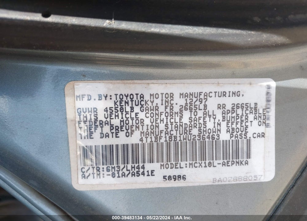 1998 TOYOTA AVALON XL VIN: 4T1BF18B1WU236463