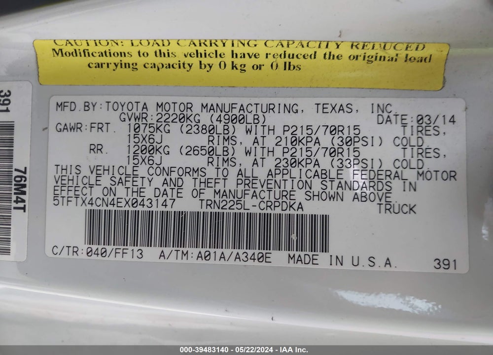 2014 TOYOTA TACOMA VIN: 5TFTX4CN4EX043147