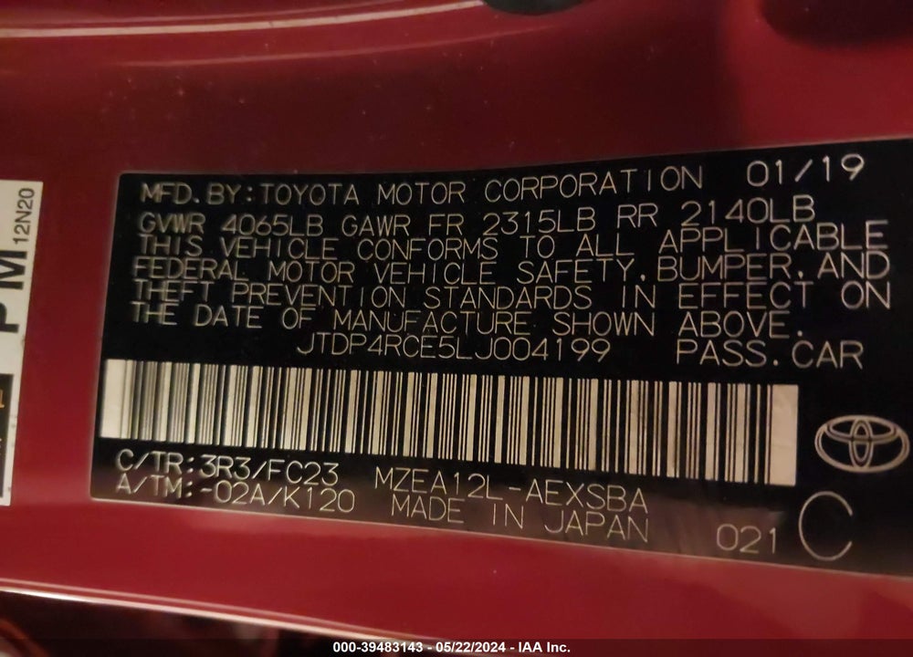 2020 TOYOTA COROLLA VIN: JTDP4RCE5LJ004199