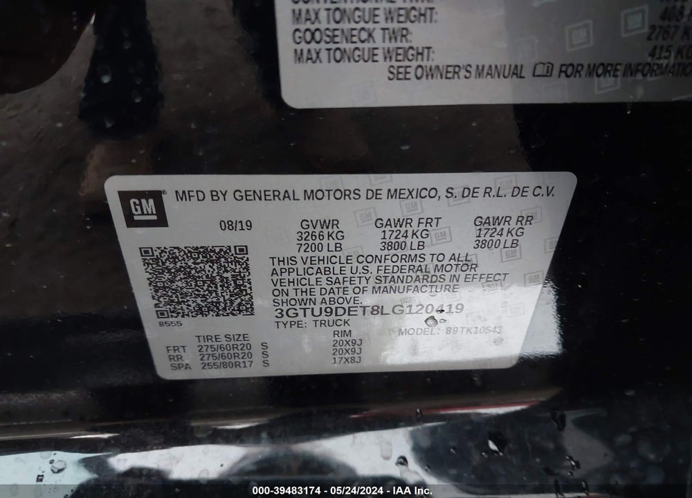 2020 GMC SIERRA 1500 4WD SHORT BOX SLT VIN: 3GTU9DET8LG120419