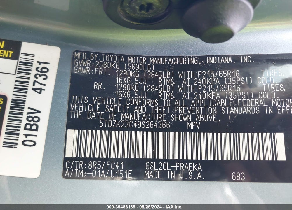 2009 TOYOTA SIENNA LE VIN: 5TDZK23C49S264366
