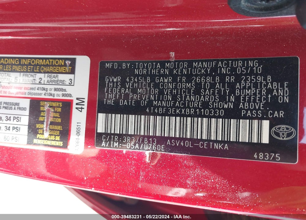 2011 TOYOTA CAMRY LE VIN: 4T4BF3EKXBR110330