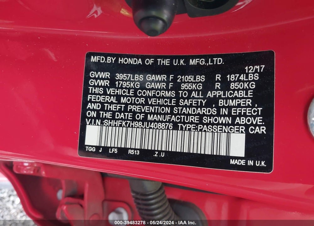 2018 HONDA CIVIC SPORT TOURING VIN: SHHFK7H98JU408876