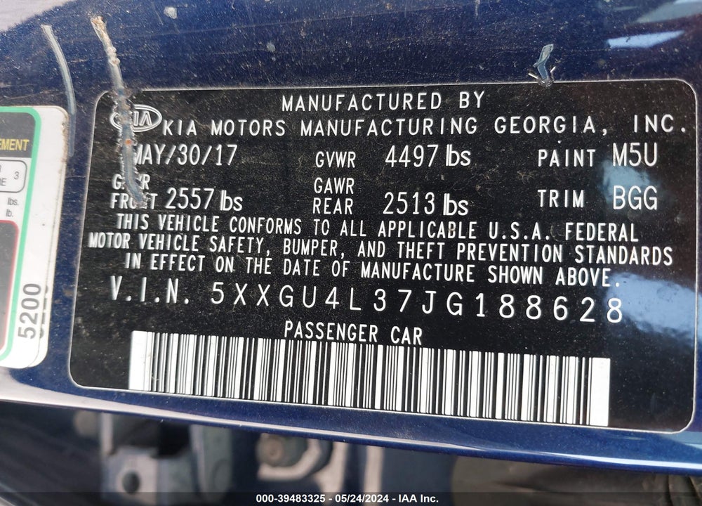 2018 KIA OPTIMA EX VIN: 5XXGU4L37JG188628