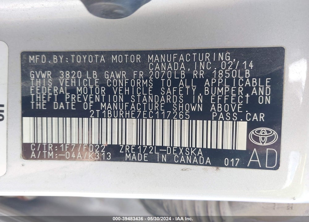 2014 TOYOTA COROLLA S PLUS VIN: 2T1BURHE7EC117265