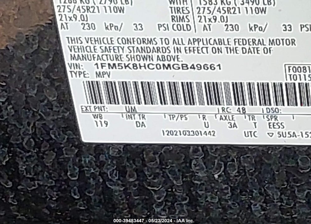 2021 FORD EXPLORER PLATINUM VIN: 1FM5K8HC0MGB49661