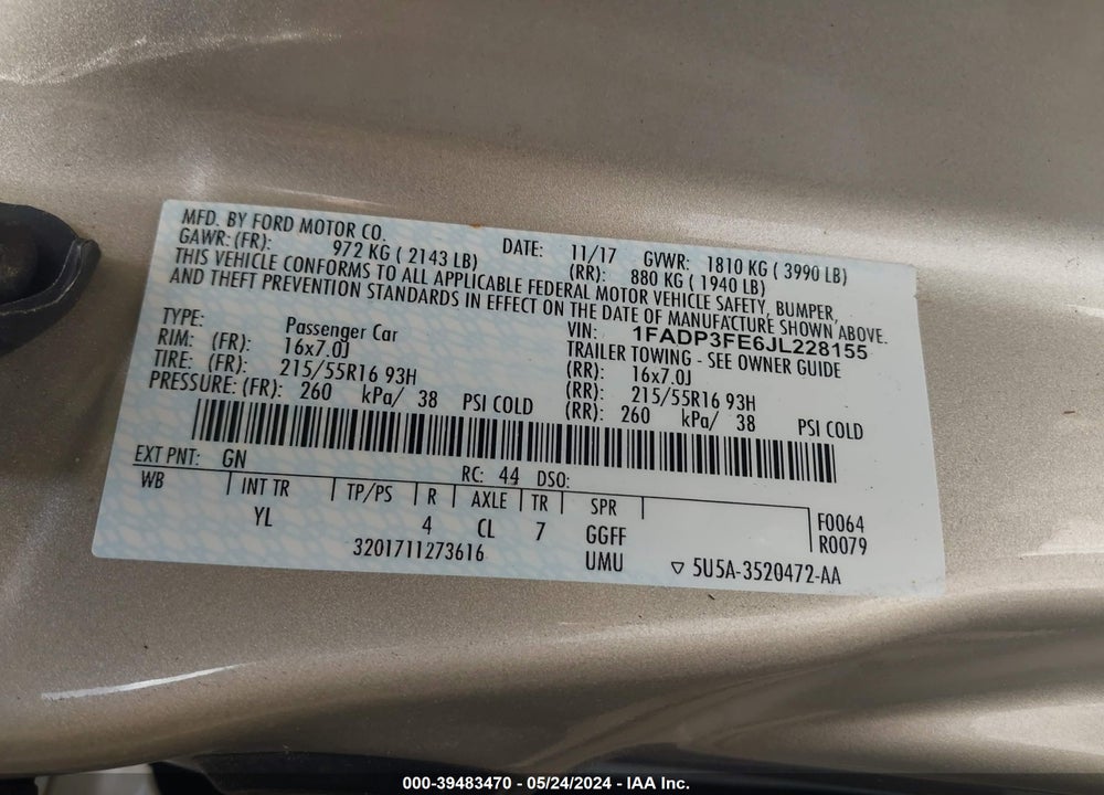 2018 FORD FOCUS SE VIN: 1FADP3FE6JL228155