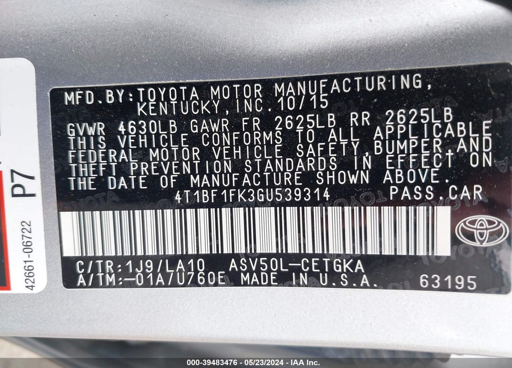 2016 TOYOTA CAMRY XLE VIN: 4T1BF1FK3GU539314