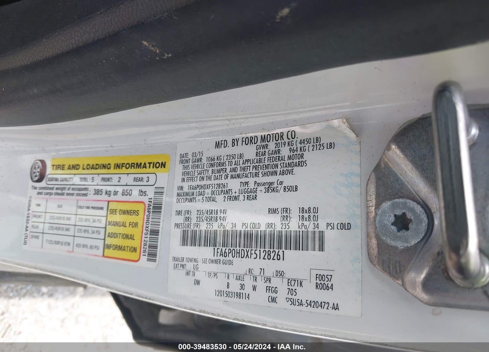2015 FORD FUSION SE VIN: 1FA6P0HDXF5128261