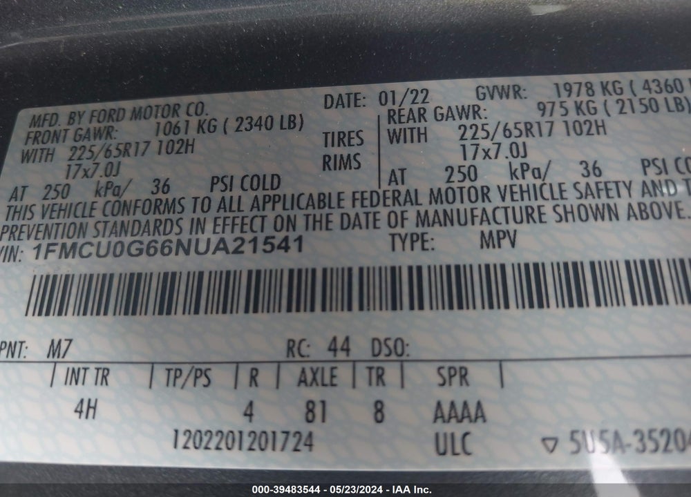 2022 FORD ESCAPE SE VIN: 1FMCU0G66NUA21541