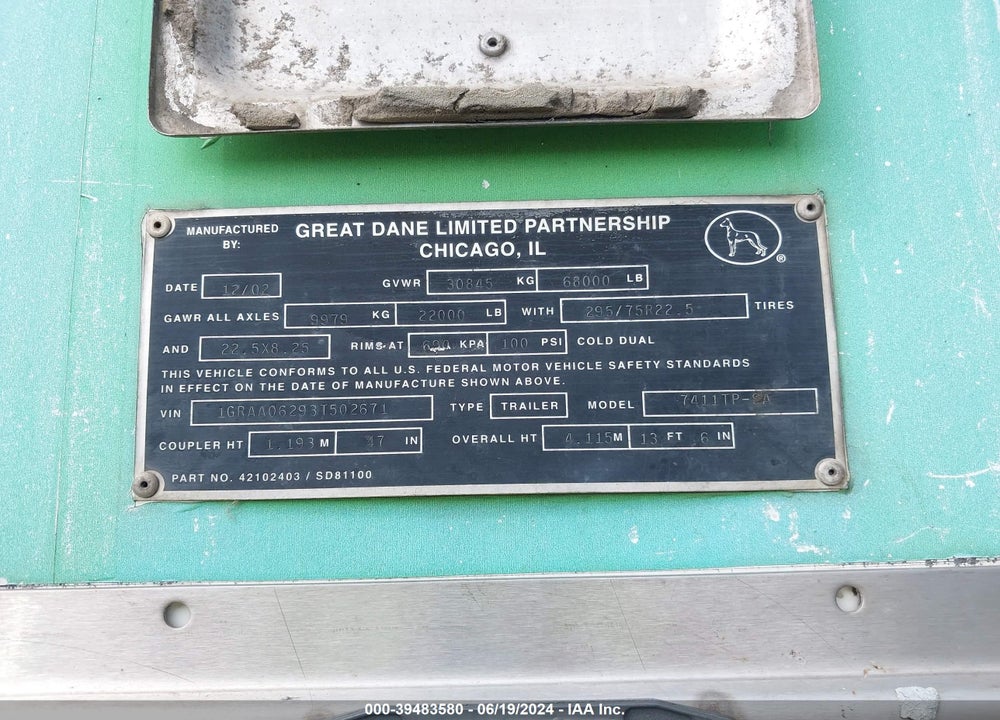 2003 GREAT DANE TRAILERS --- VIN: 1GRAA06293T502671