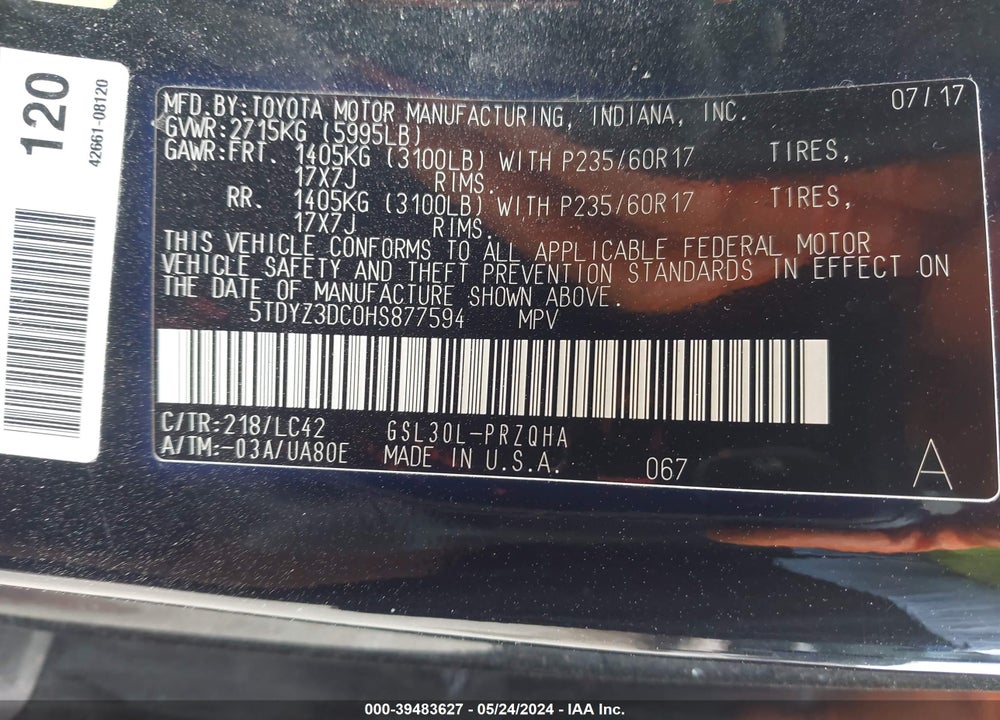 2017 TOYOTA SIENNA XLE 8 PASSENGER VIN: 5TDYZ3DC0HS877594