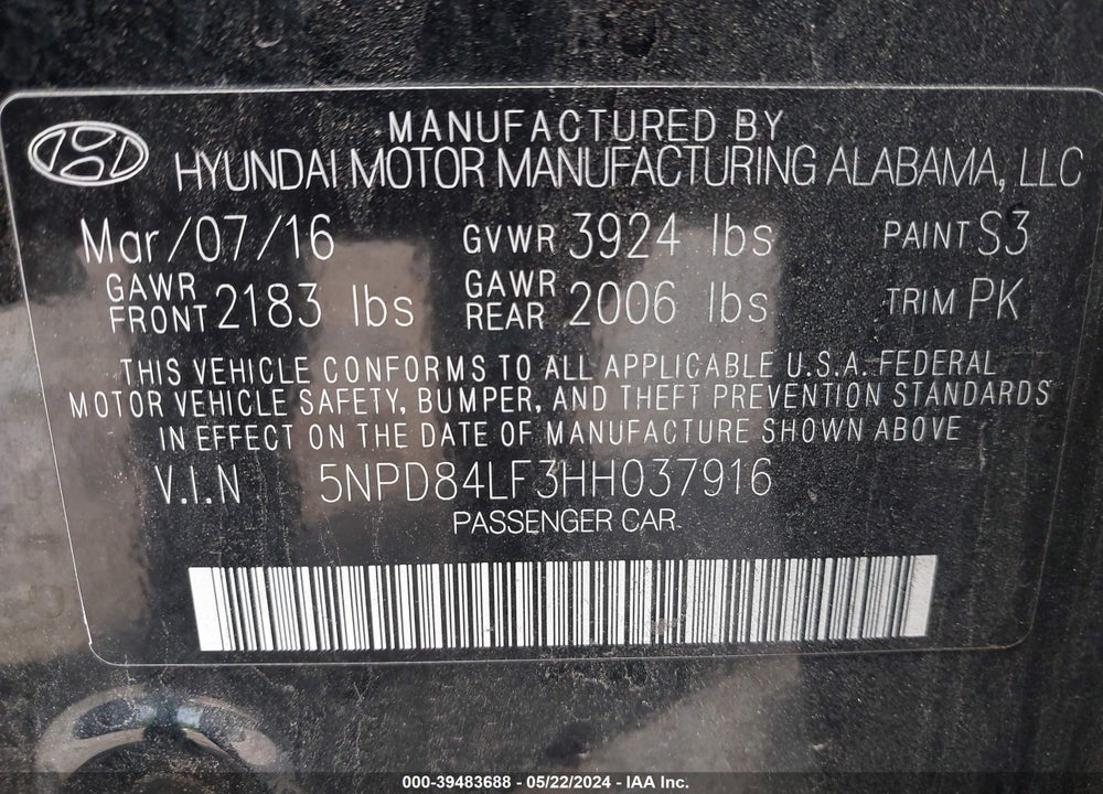 2017 HYUNDAI ELANTRA SE VIN: 5NPD84LF3HH037916