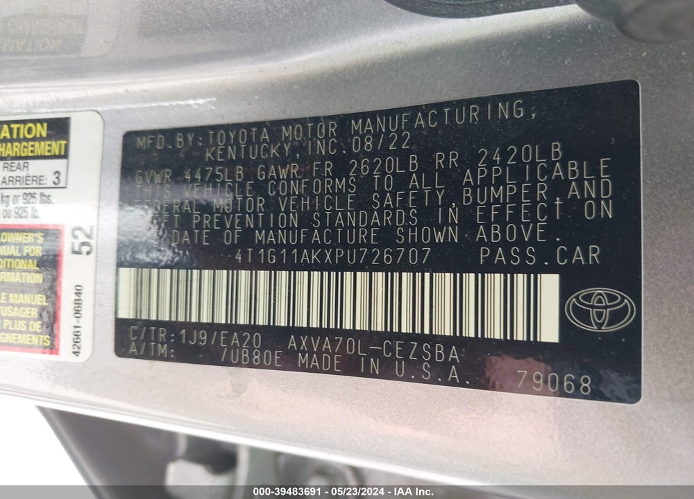 2023 TOYOTA CAMRY VIN: 4T1G11AKXPU726707