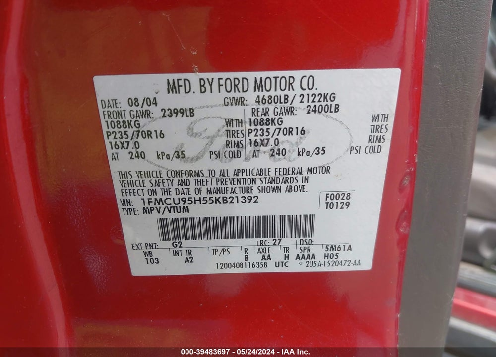 2005 FORD ESCAPE HYBRID VIN: 1FMCU95H55KB21392