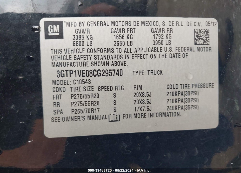 2012 GMC SIERRA 1500 SLE VIN: 3GTP1VE08CG295740