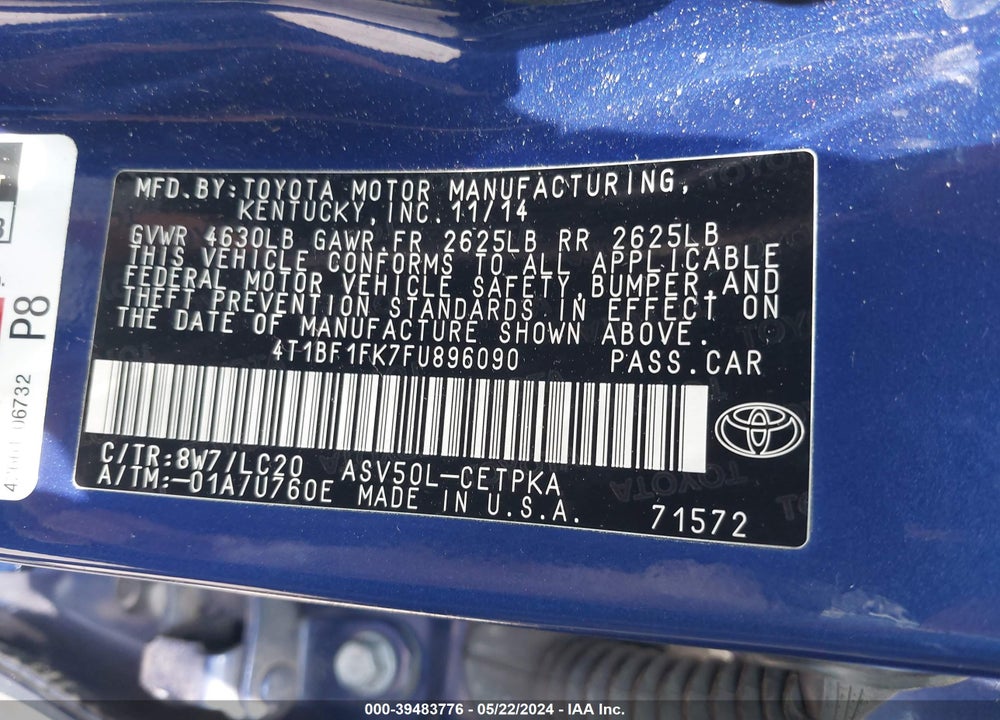 2015 TOYOTA CAMRY XSE VIN: 4T1BF1FK7FU896090