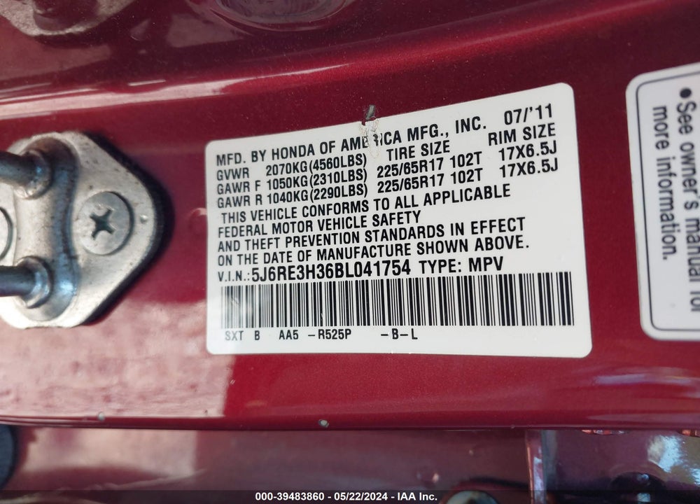 2011 HONDA CR-V LX VIN: 5J6RE3H36BL041754