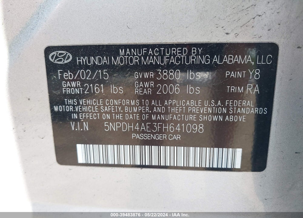 2015 HYUNDAI ELANTRA SE VIN: 5NPDH4AE3FH641098