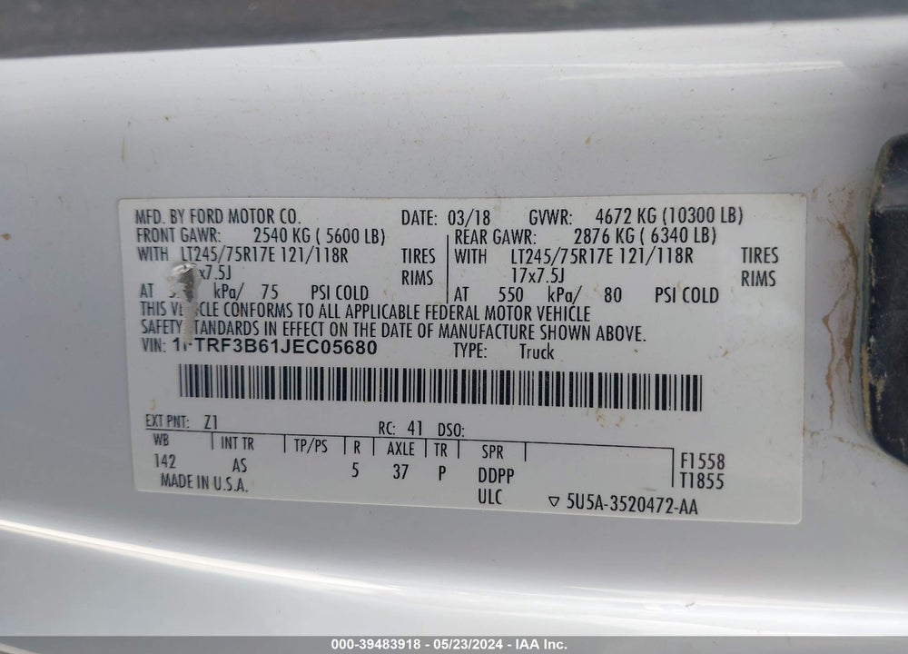 2018 FORD F-350 XL VIN: 1FTRF3B61JEC05680