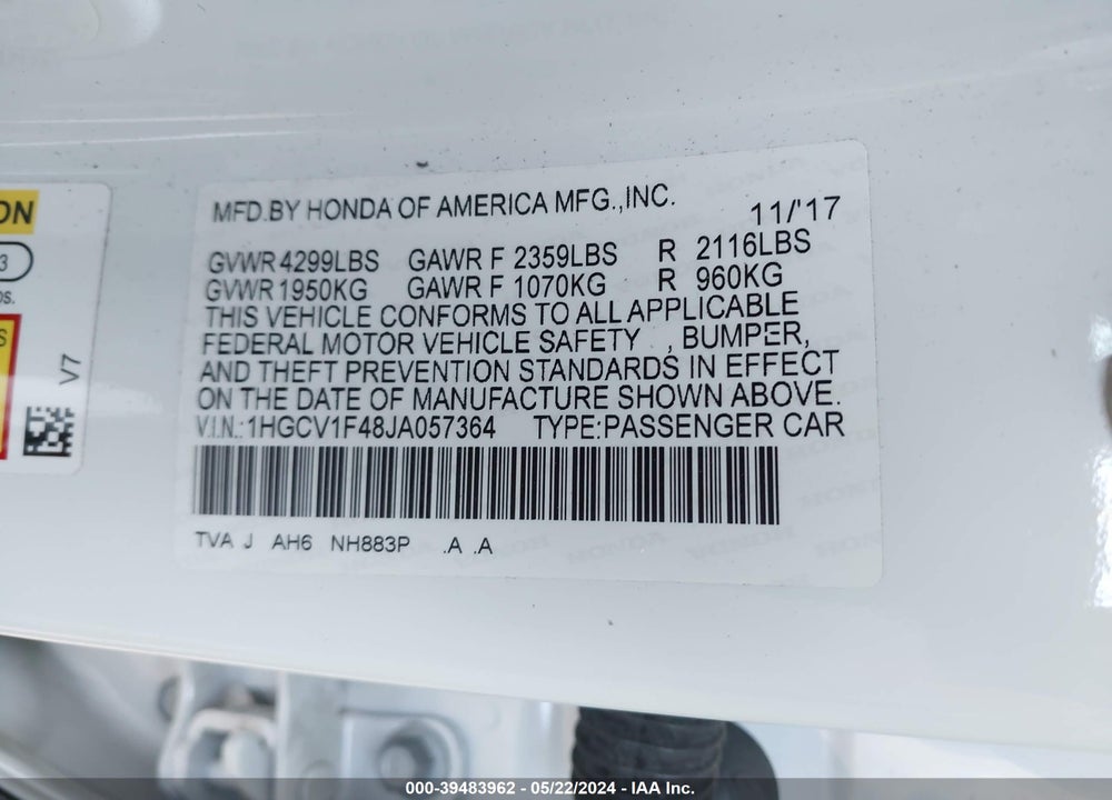 2018 HONDA ACCORD EX VIN: 1HGCV1F48JA057364