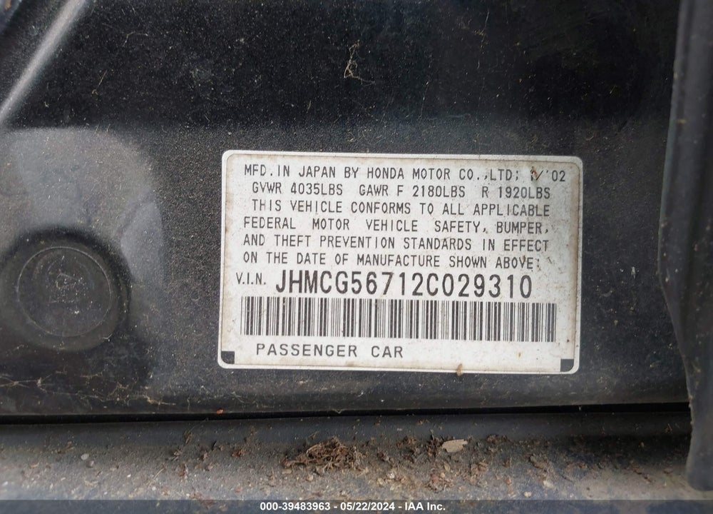 2002 HONDA ACCORD 2.3 SE VIN: JHMCG56712C029310