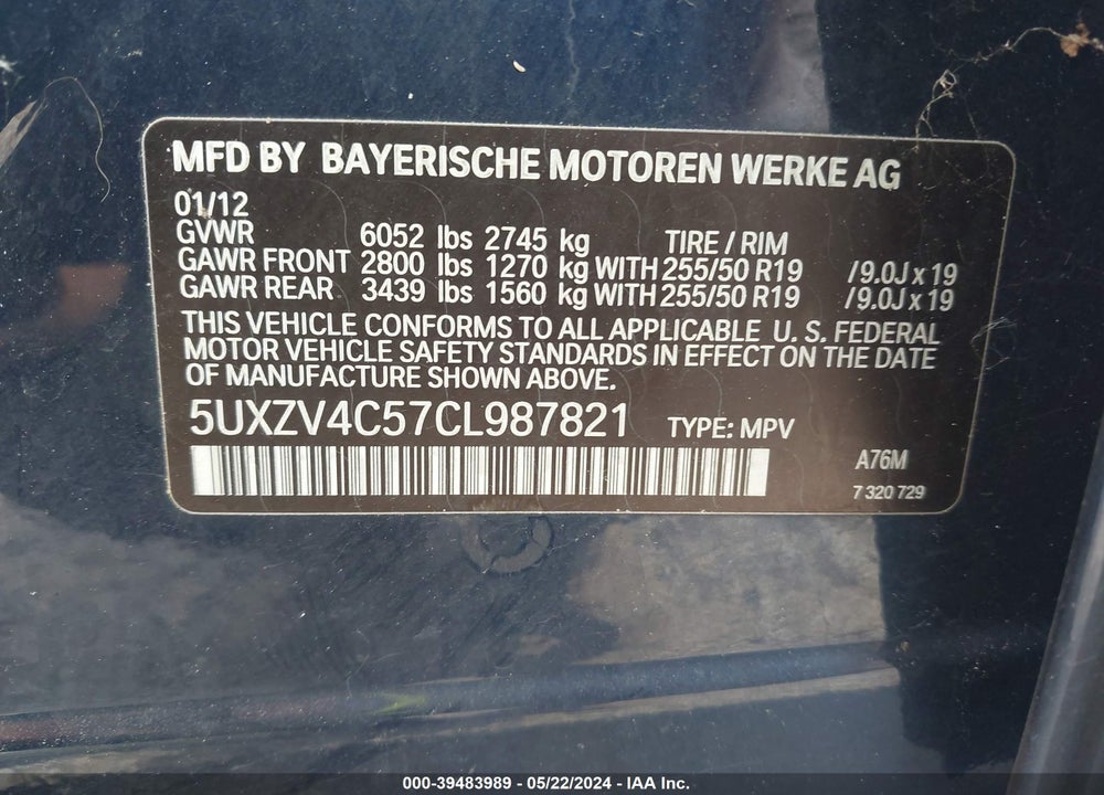2012 BMW X5 XDRIVE35I/XDRIVE35I PREMIUM/XDRIVE35I SPORT ACTIVITY VIN: 5UXZV4C57CL987821