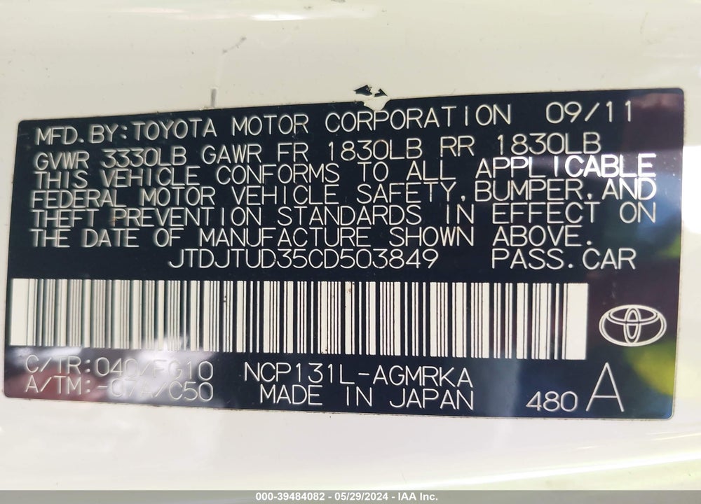 2012 TOYOTA YARIS L VIN: JTDJTUD35CD503849