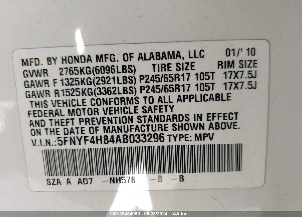 2010 HONDA PILOT TOURING VIN: 5FNYF4H84AB033296