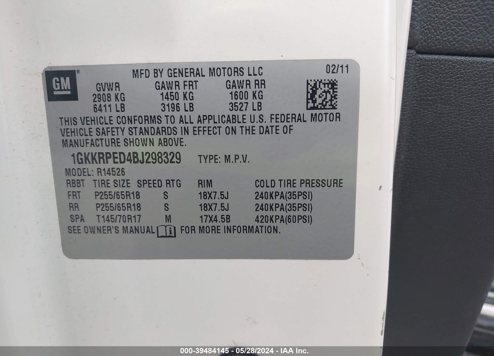 2011 GMC ACADIA SLE VIN: 1GKKRPED4BJ298329