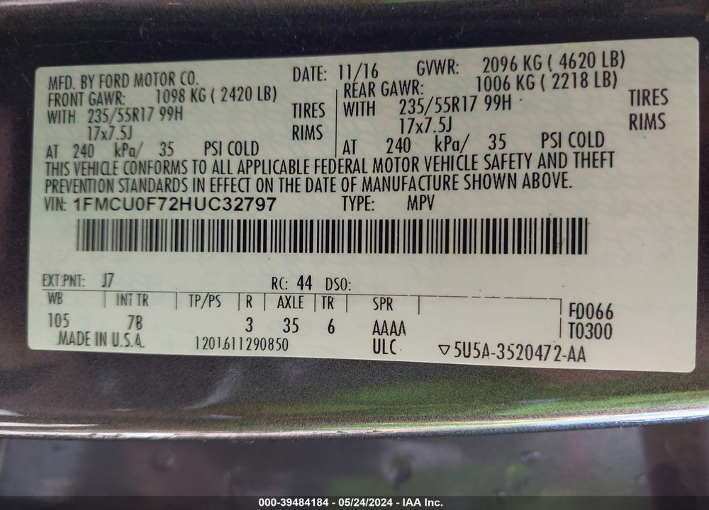 2017 FORD ESCAPE S VIN: 1FMCU0F72HUC32797