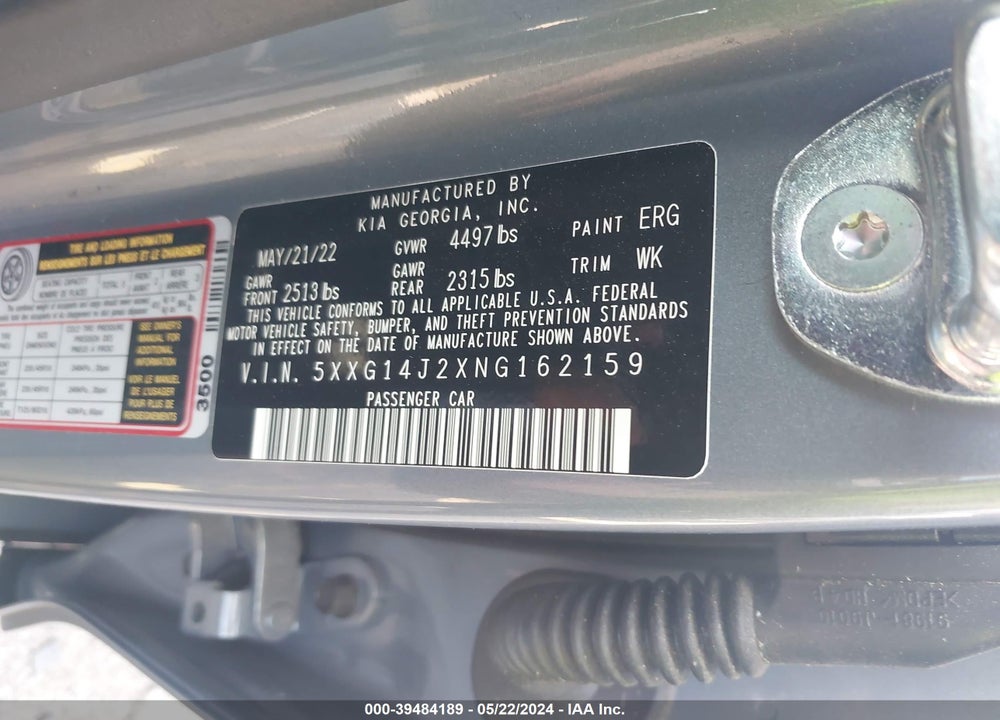 2022 KIA K5 LXS VIN: 5XXG14J2XNG162159
