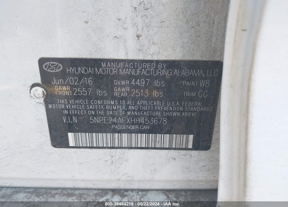2017 HYUNDAI SONATA SE VIN: 5NPE24AFXHH453678