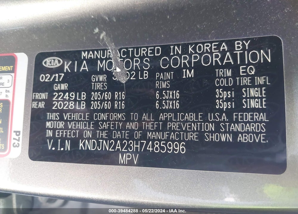 2017 KIA SOUL VIN: KNDJN2A23H7485996
