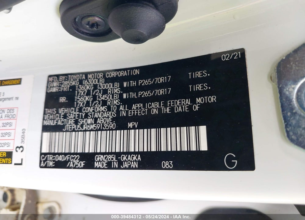 2021 TOYOTA 4RUNNER TRD OFF ROAD VIN: JTEPU5JR6M5913590