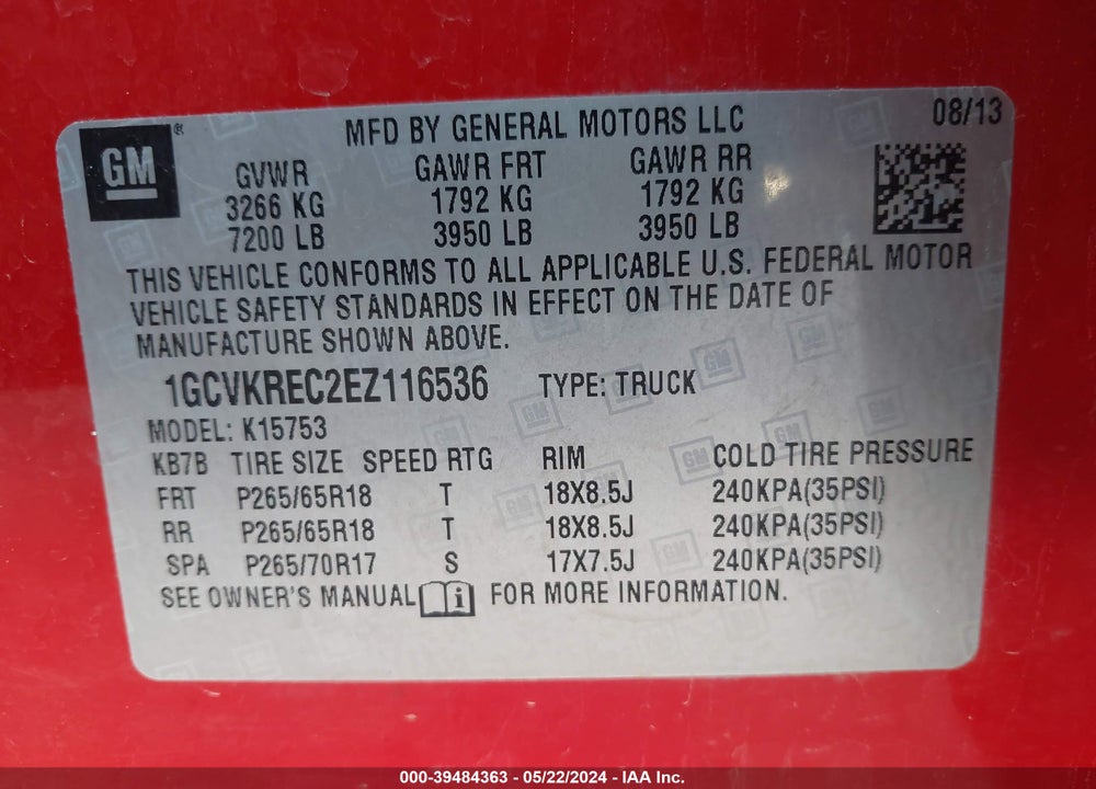2014 CHEVROLET SILVERADO 1500 2LT VIN: 1GCVKREC2EZ116536
