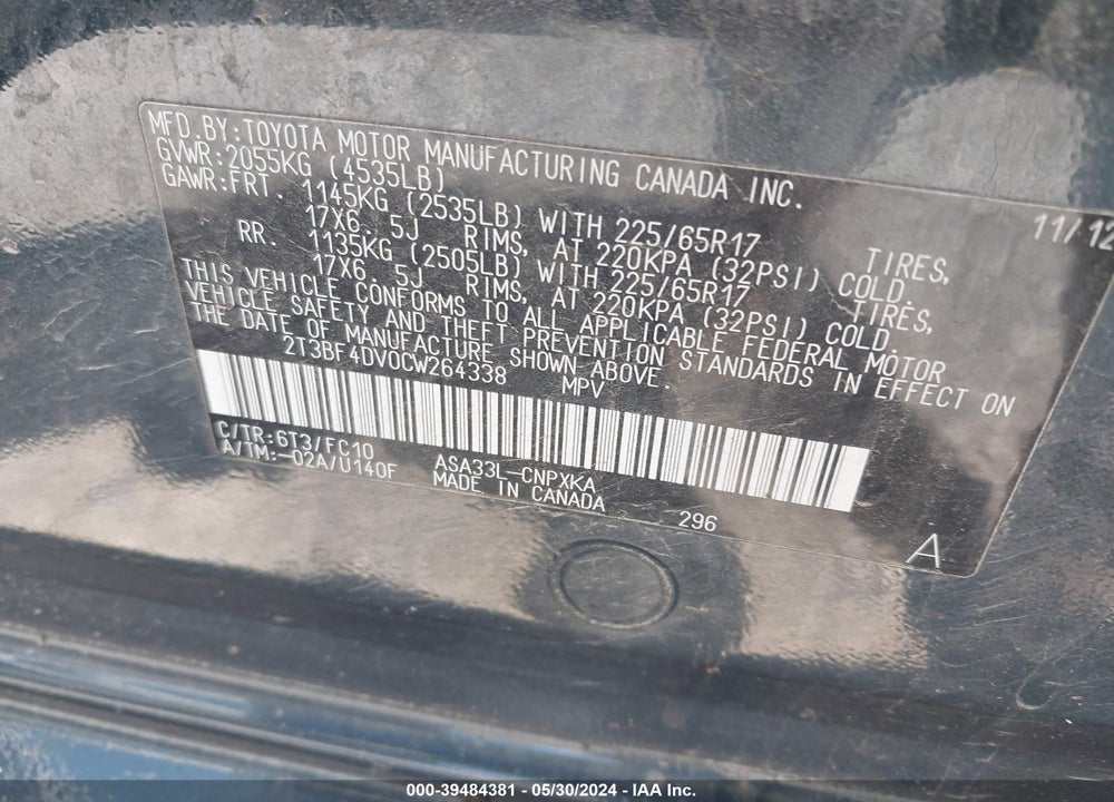 2012 TOYOTA RAV4 VIN: 2T3BF4DV0CW264338