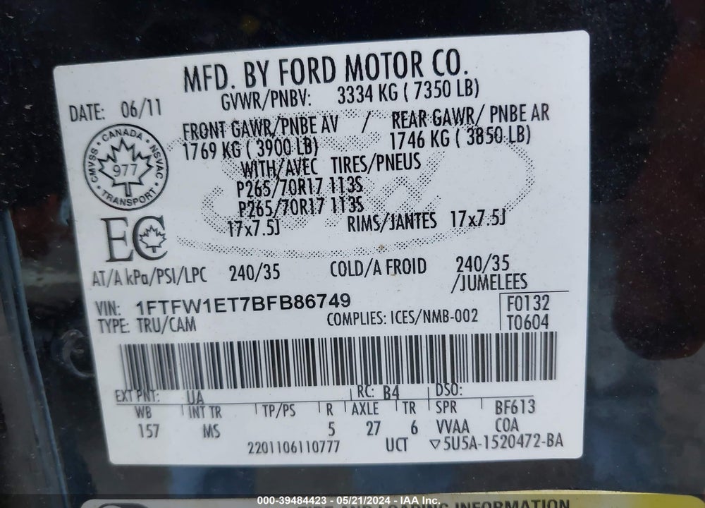 2011 FORD F-150 VIN: 1FTFW1ET7BFB86749