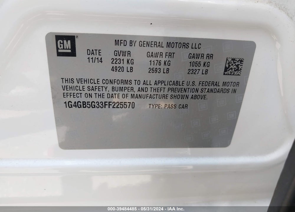 2015 BUICK LACROSSE LEATHER VIN: 1G4GB5G33FF225570
