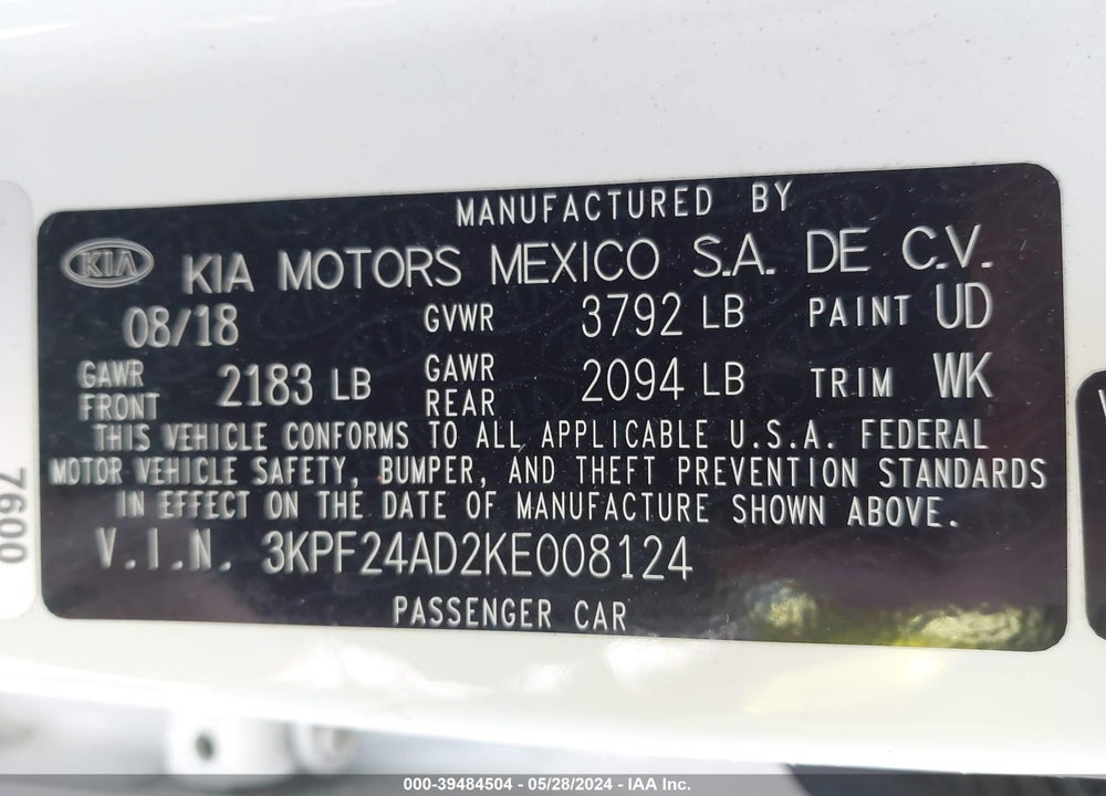 2019 KIA FORTE FE VIN: 3KPF24AD2KE008124