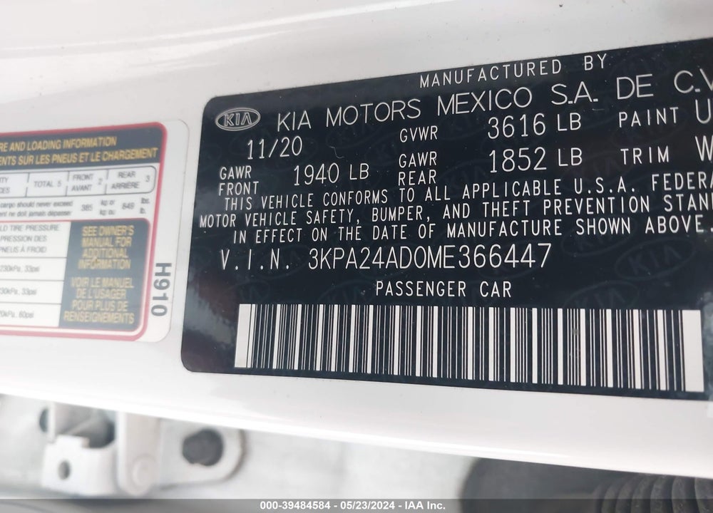 2021 KIA RIO S VIN: 3KPA24AD0ME366447