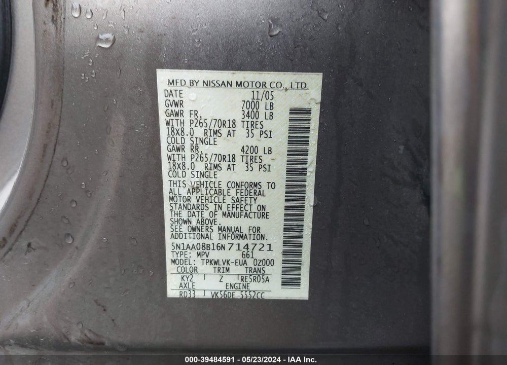 2006 NISSAN ARMADA LE VIN: 5N1AA08B16N714721