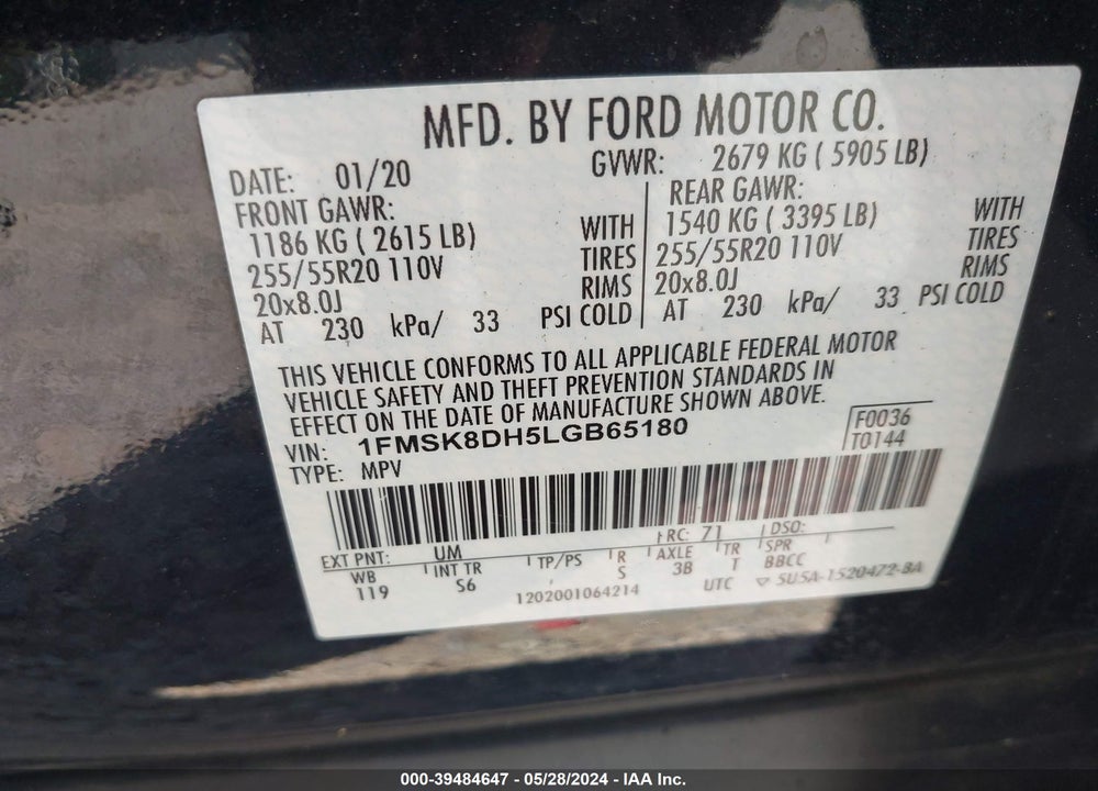 2020 FORD EXPLORER VIN: 1FMSK8DH5LGB65180