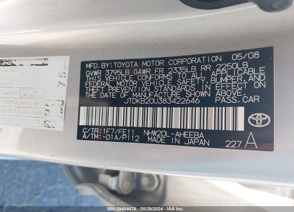 2008 TOYOTA PRIUS VIN: JTDKB20U383422646