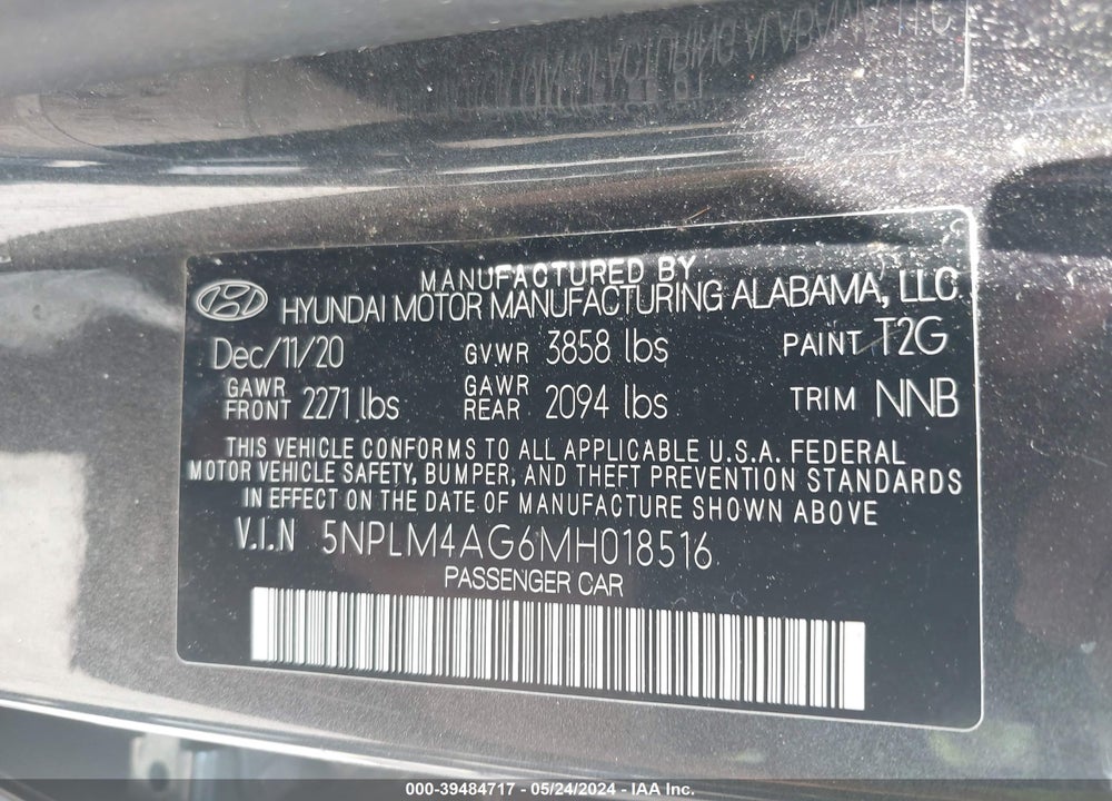 2021 HYUNDAI ELANTRA SEL VIN: 5NPLM4AG6MH018516