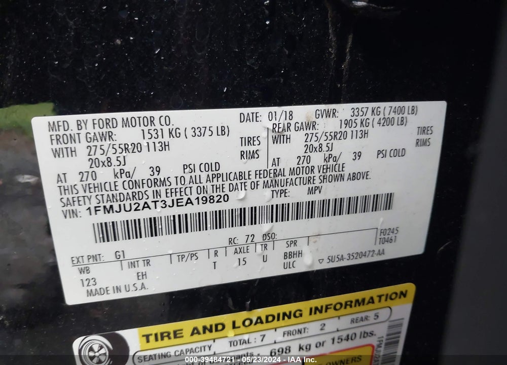 2018 FORD EXPEDITION LIMITED VIN: 1FMJU2AT3JEA19820