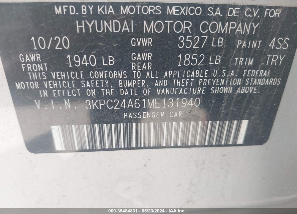 2021 HYUNDAI ACCENT SE VIN: 3KPC24A61ME131940
