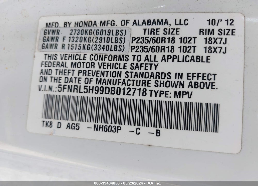 2013 HONDA ODYSSEY TOURING/TOURING ELITE VIN: 5FNRL5H99DB012718