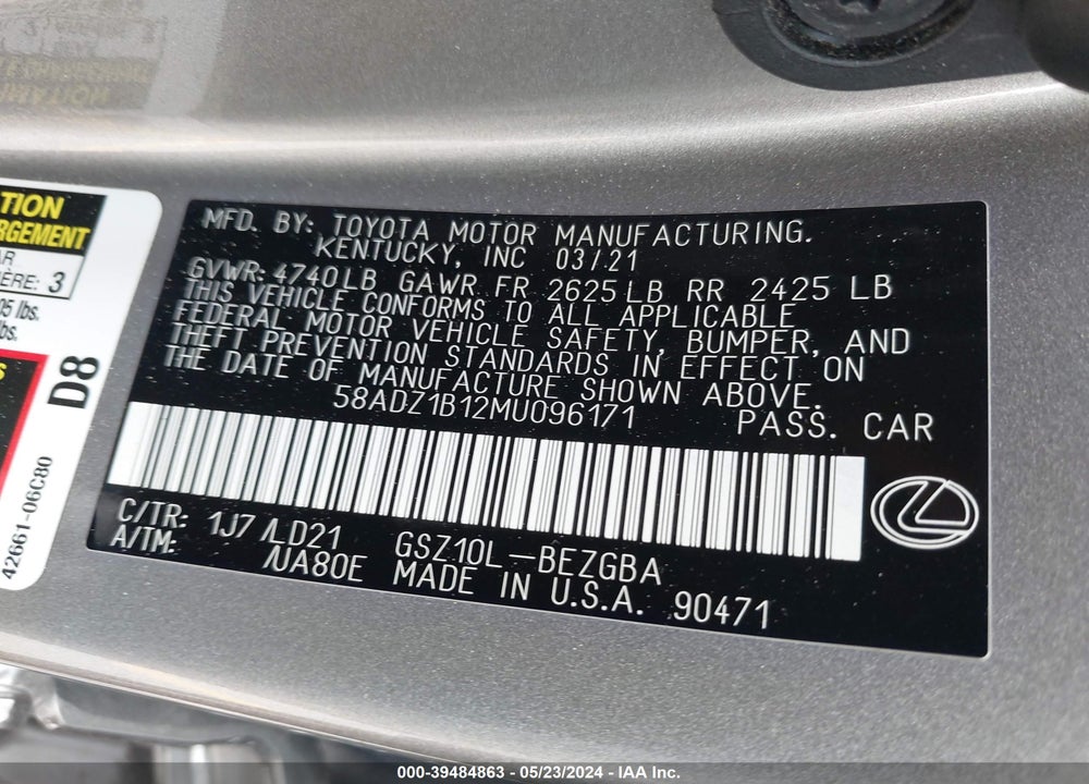 2021 LEXUS ES 350 VIN: 58ADZ1B12MU096171