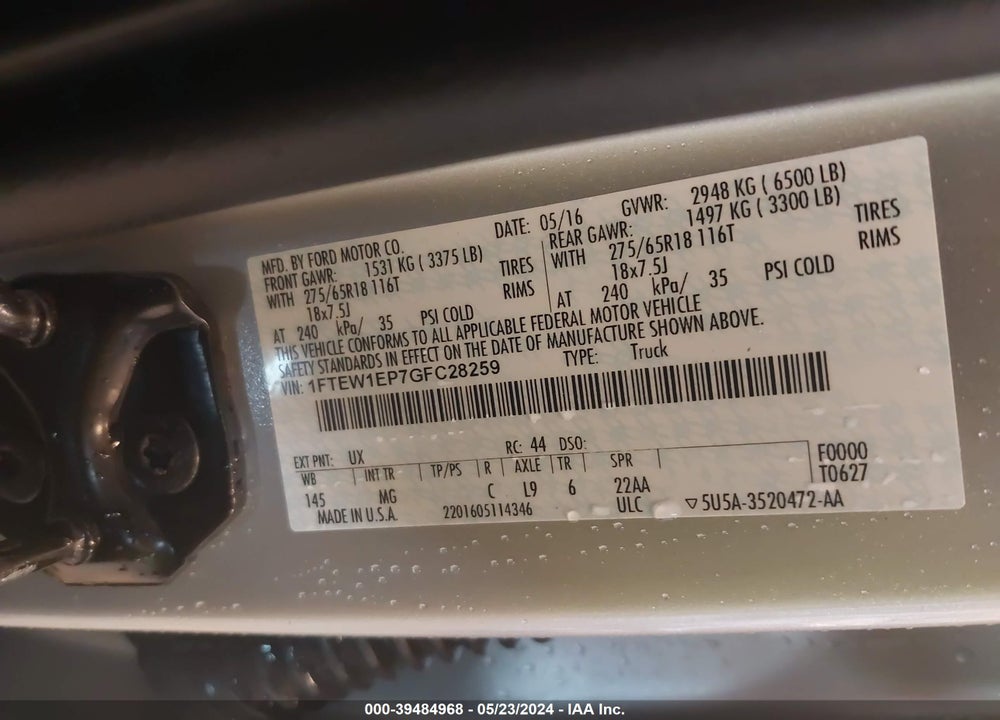 2016 FORD F-150 VIN: 1FTEW1EP7GFC28259